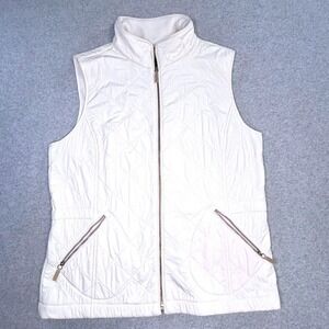 Talbots Quilted Vest Womens Medium Cream Fleece Lined Full Zip Mock Neck Classic